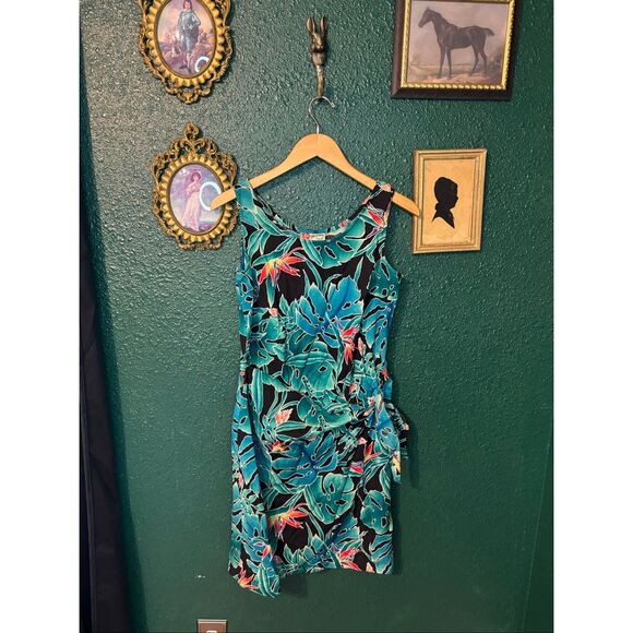 Hilo Hattie Floral Hawaiian Sarong Dress Women’s Medium Turquoise Blue Beach Res - Picture 1 of 3